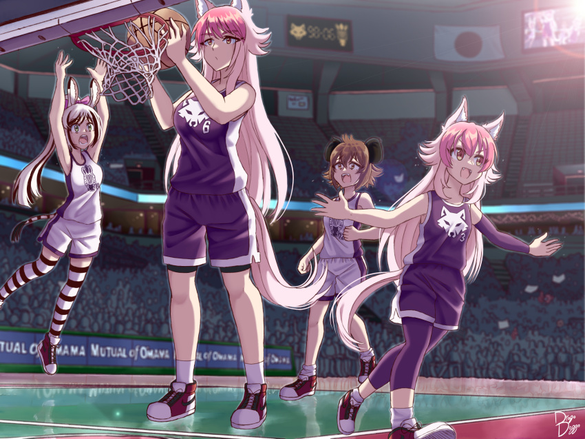 4girls animal_ear_fluff animal_ears animal_print arms_up ball basketball basketball_(object) basketball_uniform black_hair black_thighhighs brown_hair closed_mouth drogo_doggo expressionless fangs green_eyes highres holding holding_ball hyena_ears hyena_girl japanese_flag jumping leggings legs_apart long_hair looking_at_another madaraba_iena mashima_chloe meme multicolored_hair multiple_girls murenase!_shiiton_gakuen okami_feriru okami_ranka open_mouth outstretched_arms over-kneehighs pantyhose pantyhose_under_shorts petite pink_hair playing_sports red_footwear shirt short_hair shorts siblings sisters sleeveless sleeveless_shirt smug socks sportswear standing striped striped_thighhighs surprised t-shirt tail tall tall_female teeth thighhighs tomboy two-tone_hair two-tone_shirt two-tone_shorts two-tone_thighhighs wolf_ears wolf_girl wolf_tail yellow_eyes zebra_ears zebra_girl zebra_print zebra_tail