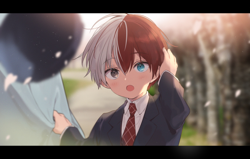 1boy :o aged_down aqua_eyes blazer blurry blurry_background blush boku_no_hero_academia brown_eyes clothes_grab collared_shirt commentary_request gugugunogu hands_up heterochromia highres jacket lapels letterboxed long_sleeves male_child male_focus multicolored_hair necktie open_mouth petals red_hair shirt short_hair solo split-color_hair todoroki_shouto two-tone_hair upper_body white_hair