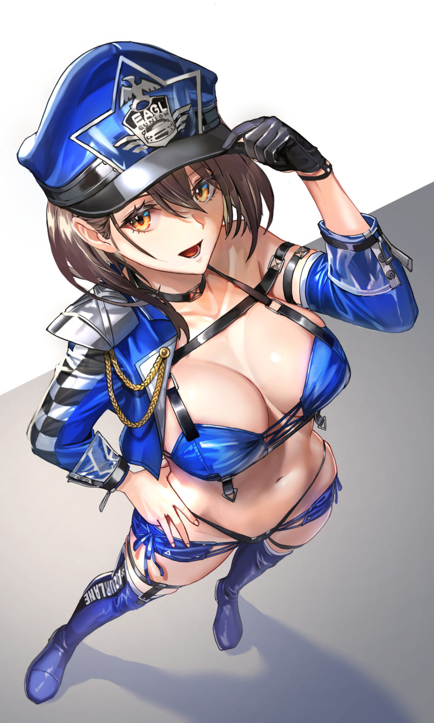 1girl azur_lane baltimore_(azur_lane) baltimore_(finish_line_flagbearer)_(azur_lane) black_gloves blue_footwear blue_headwear blue_jacket boots breasts brown_hair from_above gloves hand_on_own_hip highres iitsumonemu jacket large_breasts long_sleeves looking_at_viewer looking_up navel official_alternate_costume open_clothes open_jacket open_mouth orange_eyes race_queen shadow short_hair single_bare_shoulder smile solo thigh_boots thighs