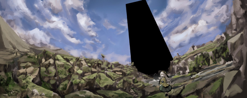 1girl black_headwear bow cloud fisheye frilled_sleeves frills green_eyes green_skirt hat hat_bow hat_ribbon heart heart_of_string highres impressionism komeiji_koishi landscape long_hair long_sleeves looking_at_viewer monolith_(object) outdoors reverinth ribbon rock scenery shirt skirt sky solo standing surreal third_eye touhou very_wide_shot waving white_hair wide_shot wide_sleeves yellow_bow yellow_ribbon yellow_shirt