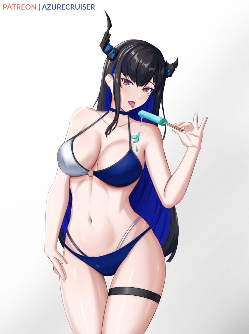 1girl absurdres asymmetrical_horns azurecruiser bikini black_hair blue_hair breasts choker collarbone colored_inner_hair cowboy_shot demon_horns food hand_up highres holding holding_food holding_popsicle hololive hololive_english horns large_breasts mole mole_under_eye multicolored_hair navel nerissa_ravencroft open_mouth patreon_username popsicle red_eyes solo stomach swimsuit thigh_gap thigh_strap tongue tongue_out two-tone_bikini two-tone_hair virtual_youtuber