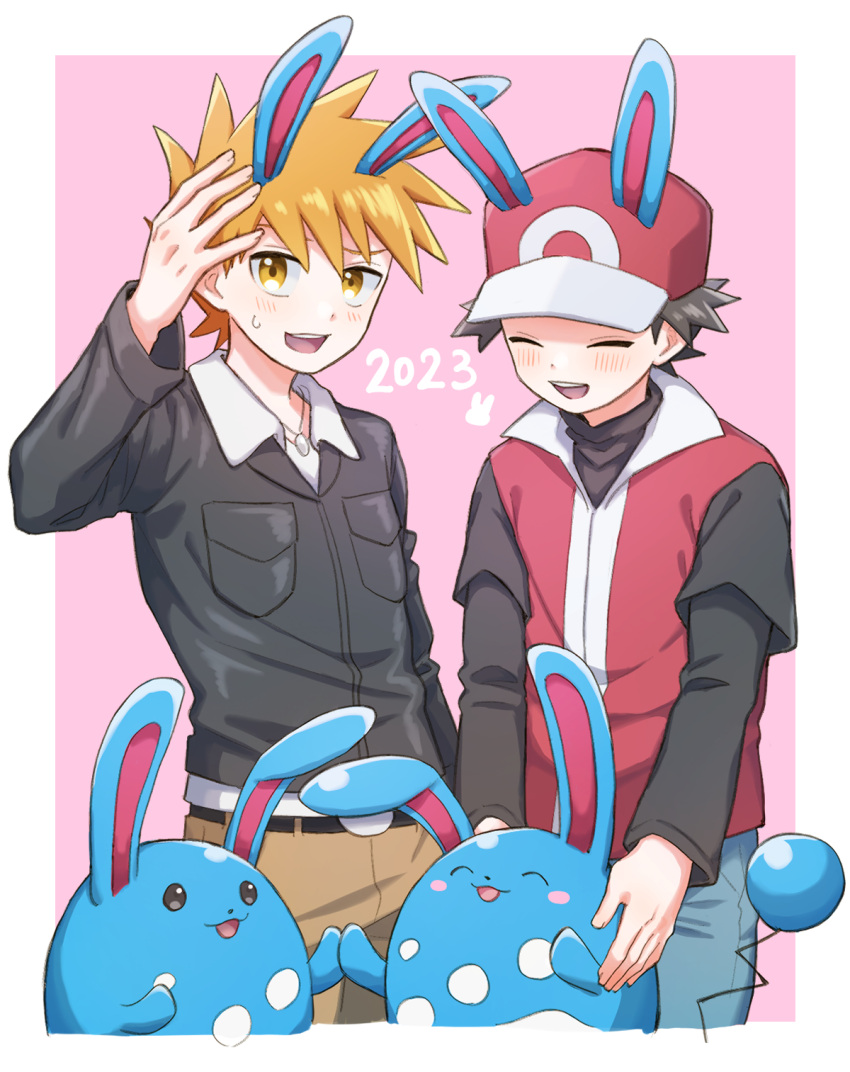 2boys azumarill belt belt_buckle blonde_hair blue_oak blush border buckle commentary_request hand_up hat highres jacket jewelry male_focus mochi_(mocchi_p_2m) multiple_boys necklace open_mouth pants pink_background pokemon pokemon_(creature) pokemon_(game) pokemon_ears pokemon_hgss red_(pokemon) red_headwear shirt short_hair smile spiked_hair sweatdrop teeth upper_teeth_only white_border white_shirt