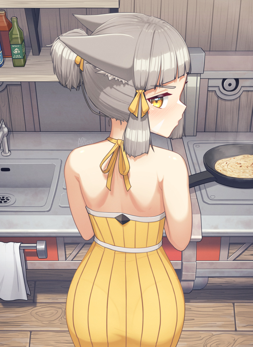 1girl alten alternate_costume alternate_hairstyle animal_ears ass back back_focus cat_ears cooking dated_commentary dress english_commentary facial_mark from_behind frying_pan grey_hair hair_ribbon highres kitchen light_blush looking_at_viewer looking_back nia_(xenoblade) pantylines ponytail ribbon short_hair short_ponytail sink solo stove variant_set whisker_markings xenoblade_chronicles_(series) xenoblade_chronicles_2 yellow_eyes