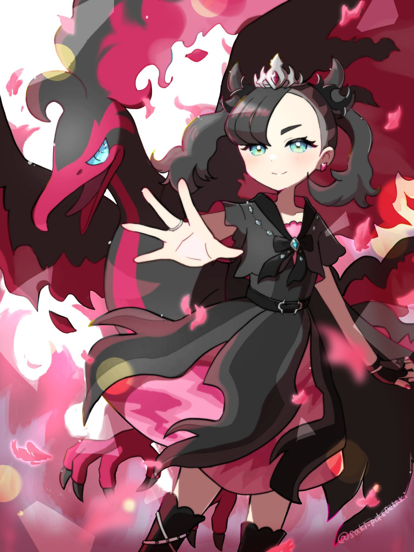 asymmetrical_bangs belt bird black_belt black_dress black_hair dress earrings fingerless_gloves galarian_moltres gloves green_eyes highres jewelry marnie_(champion)_(pokemon) marnie_(pokemon) medium_hair official_alternate_costume pokemon pokemon_(game) pokemon_masters_ex red_nails ring saki_pokeoekaki smile tiara twintails