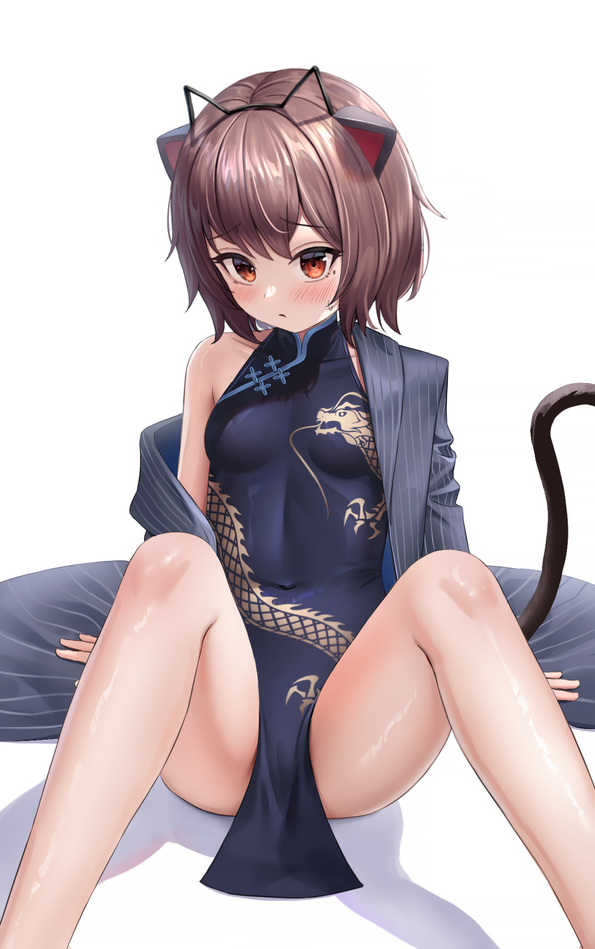 1girl animal_ears bare_legs bare_shoulders black_dress black_jacket blue_archive blush breasts brown_hair cat_ears cat_tail china_dress chinese_clothes closed_mouth commission cosplay covered_navel dragon_print dress feet_out_of_frame hairband highres jacket kisaki_(blue_archive) kisaki_(blue_archive)_(cosplay) knees_up legs looking_at_viewer mole mole_under_eye nay off_shoulder open_clothes open_jacket orange_eyes original pelvic_curtain print_dress prunechi revision short_hair simple_background single_bare_shoulder sitting sleeveless sleeveless_dress small_breasts solo striped striped_jacket sweatdrop tail thighs white_background