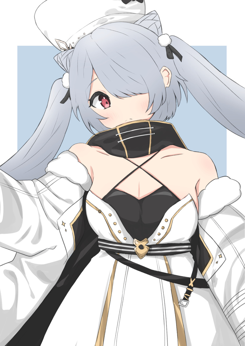 1girl absurdres azur_lane black_bow bow breasts cleavage coat_dress collarbone cone_hair_bun criss-cross_halter double_bun dress fur-trimmed_dress fur_hat fur_trim grey_hair hair_bun hair_ornament hair_over_one_eye halterneck hat highres kiev_(azur_lane) miku_(23393508) papakha pom_pom_(clothes) pom_pom_hair_ornament solo white_dress white_headwear