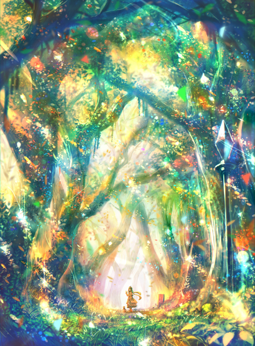 1girl absurdres bug butterfly cat crystal dappled_sunlight dress forest giant_tree highres looking_at_viewer looking_back nature original sakimori_(hououbds) scarf scenery sunlight tree