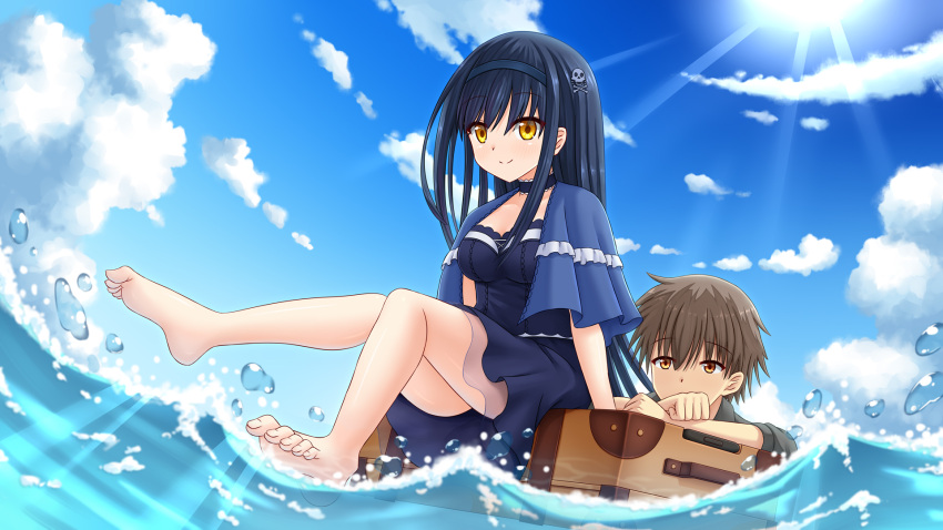 1boy 1girl afloat arm_support arms_at_sides bare_legs barefoot black_choker black_hair black_hairband black_shirt black_skirt blue_capelet blush bone_hair_ornament breasts brown_eyes brown_hair capelet choker closed_mouth commentary_request day eyes_visible_through_hair feet frilled_capelet frilled_choker frilled_shirt frills full_body hair_between_eyes hair_ornament hairband highres knees_together_feet_apart kushima_kamome large_breasts long_hair looking_afar looking_at_another outdoors shiny_skin shirt short_hair sidelocks sitting skirt skull_and_crossbones skull_hair_ornament smile soaking_feet soles solo_focus spiked_hair split_mouth straight_hair suitcase summer_pockets sunlight takahara_hairi tamba_i toes very_long_hair water water_drop yellow_eyes