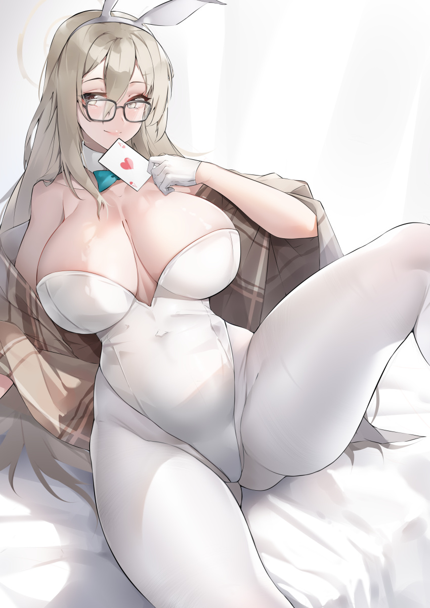 1girl absurdres akane_(blue_archive) akane_(bunny)_(blue_archive) black-framed_eyewear blue_archive blush breasts card closed_mouth glasses gloves halo highres holding holding_card large_breasts leotard lubikaya official_alternate_costume pantyhose simple_background solo strapless strapless_leotard white_background white_gloves white_leotard white_pantyhose