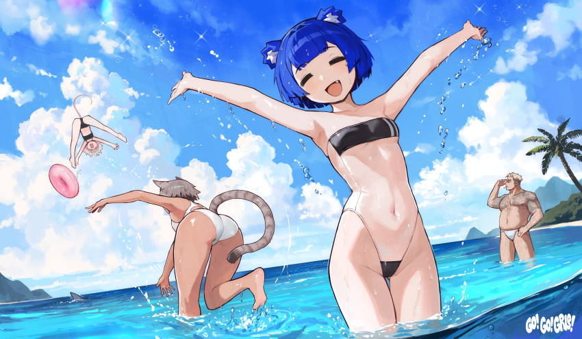 1boy 3girls :d =_= airborne animal_ears armpits arms_up ass barefoot bear_ears bear_girl bikini black_bikini blue_hair blue_sky breasts cat_ears cat_girl cat_tail closed_eyes cloud cloudy_sky commentary day english_commentary fang gris_(vertigris) gris_swimsuit groin highres innertube kara_(vertigris) legs lens_flare meme_attire mountain mouse_girl mouse_tail multiple_girls navel one-piece_swimsuit open_mouth original outdoors palm_tree perl_(vertigris) see-through_swimsuit shark_fin short_hair sky small_breasts smile soles swimsuit tail tree vertigris wading water wet white_one-piece_swimsuit