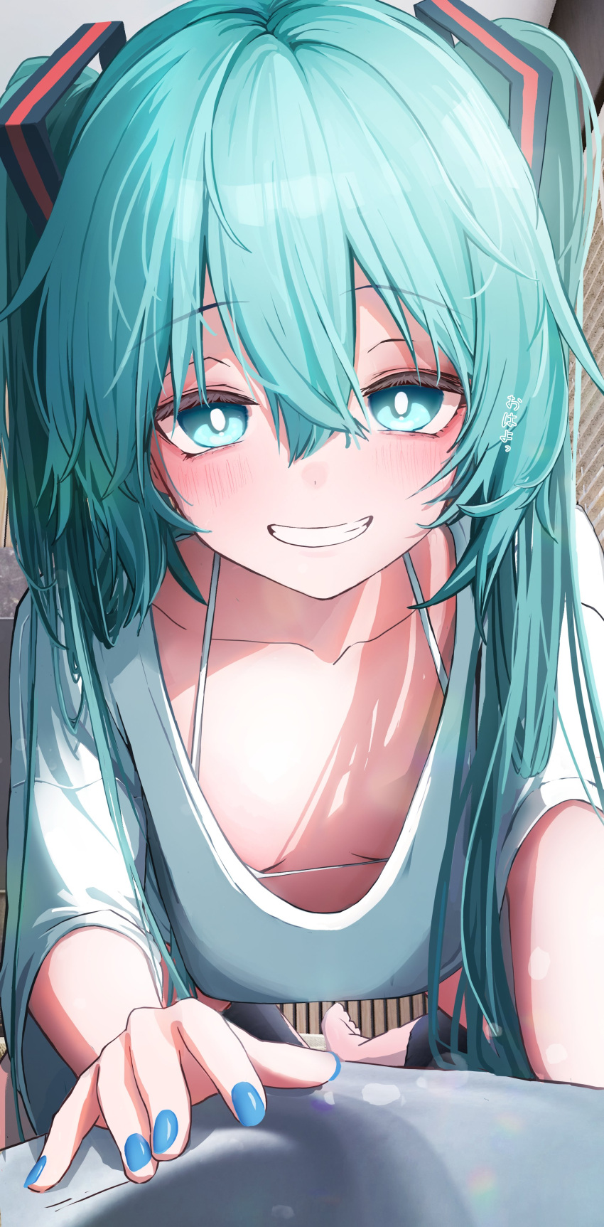 1girl absurdres all_fours aqua_eyes aqua_hair barefoot bike_shorts black_shorts blue_nails blush breasts breasts_apart collarbone grin hair_between_eyes half-closed_eyes hand_on_another's_stomach hatsune_miku highres kyktsu long_hair looking_at_viewer loose_clothes messy_hair naughty_face oversized_clothes pov shirt shorts small_breasts smile solo_focus translation_request twintails very_long_hair vocaloid white_shirt