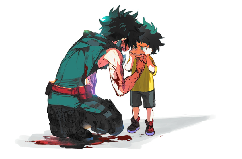 2boys age_comparison aged_down armpit_peek bare_arms bare_shoulders belt belt_pouch black_footwear blood blood_on_arm blood_on_clothes blood_on_face blood_on_ground blood_stain bodysuit boku_no_hero_academia comforting commentary_request cross-laced_footwear crying crying_with_eyes_open cuts dirty dirty_clothes dirty_face face-to-face finger_to_another's_face freckles from_side full_body furrowed_brow green_bodysuit green_eyes green_hair grey_shorts hand_up hands_on_own_cheeks hands_on_own_face hands_up injury leaning_forward male_child male_focus matsuya_(pile) midoriya_izuku multiple_boys open_mouth partial_commentary pouch red_belt red_footwear sad scar scar_on_arm scared scratches shadow shirt shoe_soles shoes short_hair short_sleeves shorts simple_background sleeveless smile sneakers squatting stained_clothes standing t-shirt tears time_paradox torn_clothes torn_sleeves utility_belt white_background wiping_tears yellow_shirt