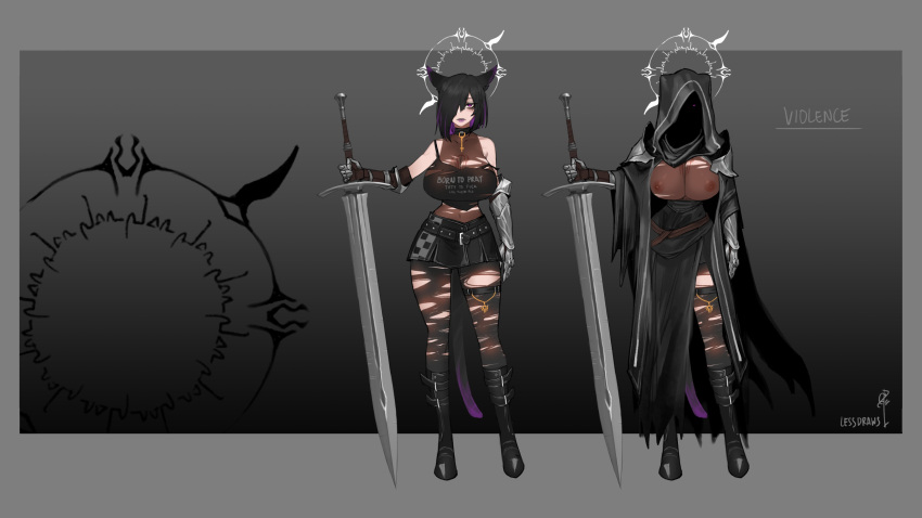 1girl absurdres animal_ears armor artist_name black_hair boots breasts cat_ears cat_girl cat_tail chest_tattoo commentary english_text full_body hair_over_one_eye halo highres hood huge_weapon large_breasts less looking_at_viewer miniskirt multiple_views original pantyhose profanity purple_eyes skirt standing sword tail tattoo thigh_strap torn_clothes watermark weapon
