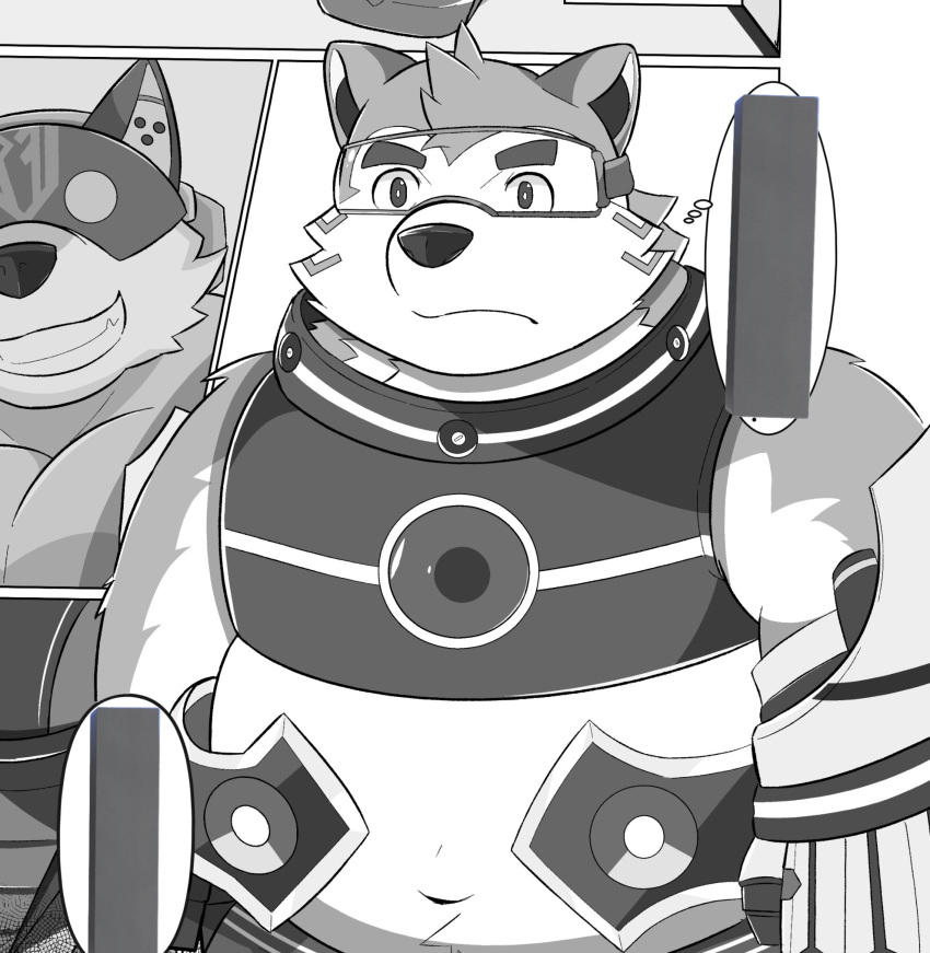 anthro armor belly canid canine canis domestic_dog duo guratan_wa hi_res lifewonders live_a_hero male mammal mokdai navel overweight superhero unconvincing_armor visor wolf wolf_villain_(live_a_hero)