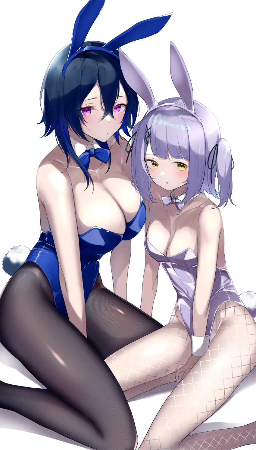 2girls absurdres animal_ears black_hair black_pantyhose blue_bow blue_bowtie blue_hair blue_hairband blue_leotard bow bowtie breasts cleavage crossed_bangs detached_collar fake_animal_ears fake_tail fishnet_pantyhose fishnets gradient_hair grey_bow grey_bowtie grey_hair grey_hairband grey_leotard hairband highleg highleg_leotard highres ichinose_uruha kairi_(miry666) kneeling large_breasts leotard looking_at_viewer multicolored_hair multiple_girls pantyhose playboy_bunny purple_eyes rabbit_ears rabbit_tail shinomiya_runa short_hair simple_background small_breasts strapless strapless_leotard streaked_hair tail traditional_bowtie twintails vspo! white_background wing_collar wrist_cuffs yellow_eyes