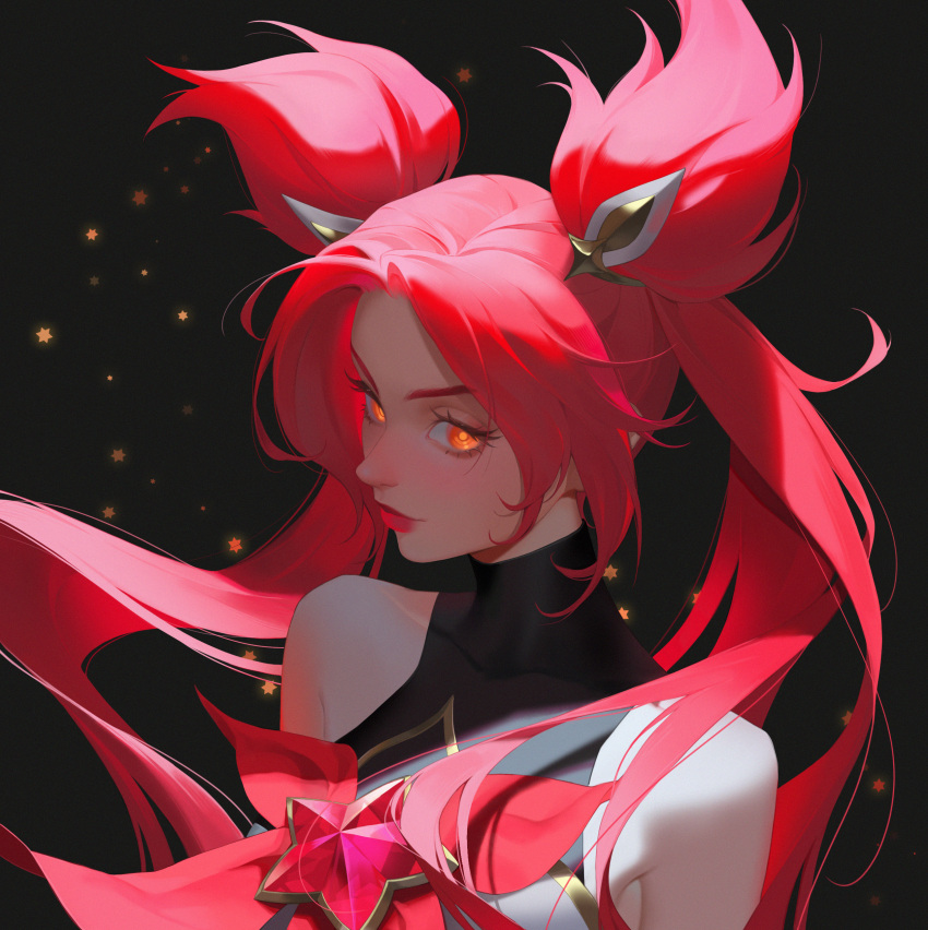 1girl absurdres asami_okutoshioku bare_shoulders black_background blush breasts closed_mouth hair_ornament highres jinx_(league_of_legends) league_of_legends long_hair magical_girl official_alternate_costume official_alternate_hair_color red_eyes red_hair simple_background solo star_(symbol) star_guardian_(league_of_legends) star_guardian_jinx twintails