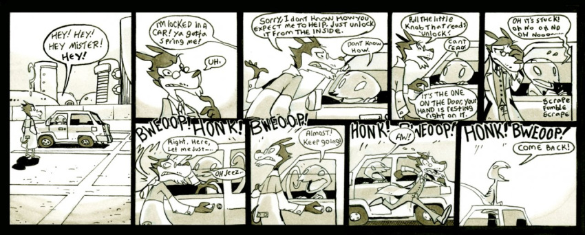 alien anthro ayato canid canine car car_alarm city comic dialog_box duo english_text eyewear glasses humor male mammal monochrome open_mouth outside parking_lot scott_(ayato) stupidity sunroof teeth_showing text vehicle
