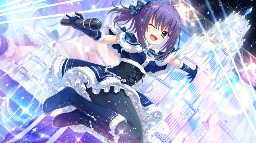 1girl ;d \||/ aqua_eyes black_corset black_pantyhose blue_bow blue_capelet blue_dress blue_footwear blue_gloves blue_hair boots bow capelet concert corset dot_nose dress dutch_angle film_grain fur-trimmed_capelet fur-trimmed_dress fur-trimmed_gloves fur_trim game_cg gloves hair_bow holding holding_microphone honjou_kasumi idol idol_clothes izumi_tsubasu jumping knee_boots looking_at_viewer microphone non-web_source object_request official_art one_eye_closed open_mouth outstretched_arms pantyhose ponytail rafters re:stage! short_hair sidelocks smile solo stage_lights