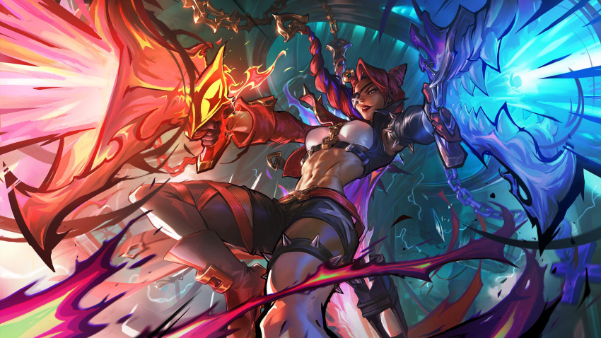1girl absurdres belt black_jacket black_shorts boots braid braided_ponytail breasts eyepatch gloves gun hair_horns highres holding holding_gun holding_weapon jacket large_breasts league_of_legends mole mole_above_mouth multicolored_clothes multicolored_jacket navel official_art red_belt red_eyes red_footwear red_hair red_jacket samira shorts smile solo soul_fighter_samira spiked_thighlet stomach teeth two-tone_jacket weapon