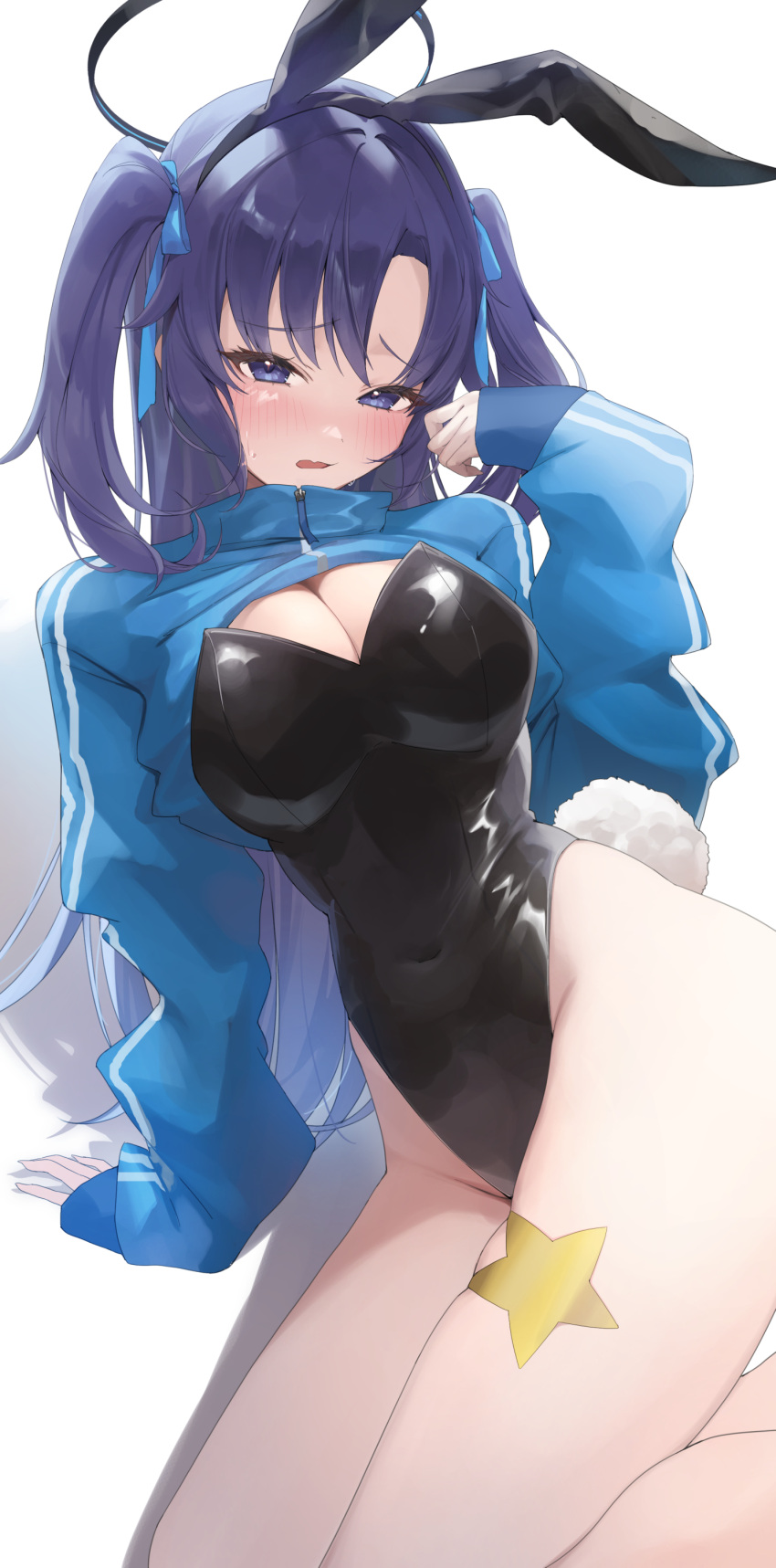 1girl absurdres animal_ears black_leotard blue_archive blue_jacket blush breasts commentary covered_navel hair_ribbon highres jacket jacket_lift large_breasts leotard parted_bangs playboy_bunny purple_eyes purple_hair rabbit_ears rabbit_tail ribbon sidelocks solo star_ornament star_sticker strapless strapless_leotard suna6080 tail track_jacket two_side_up yuuka_(blue_archive) yuuka_(track)_(blue_archive)