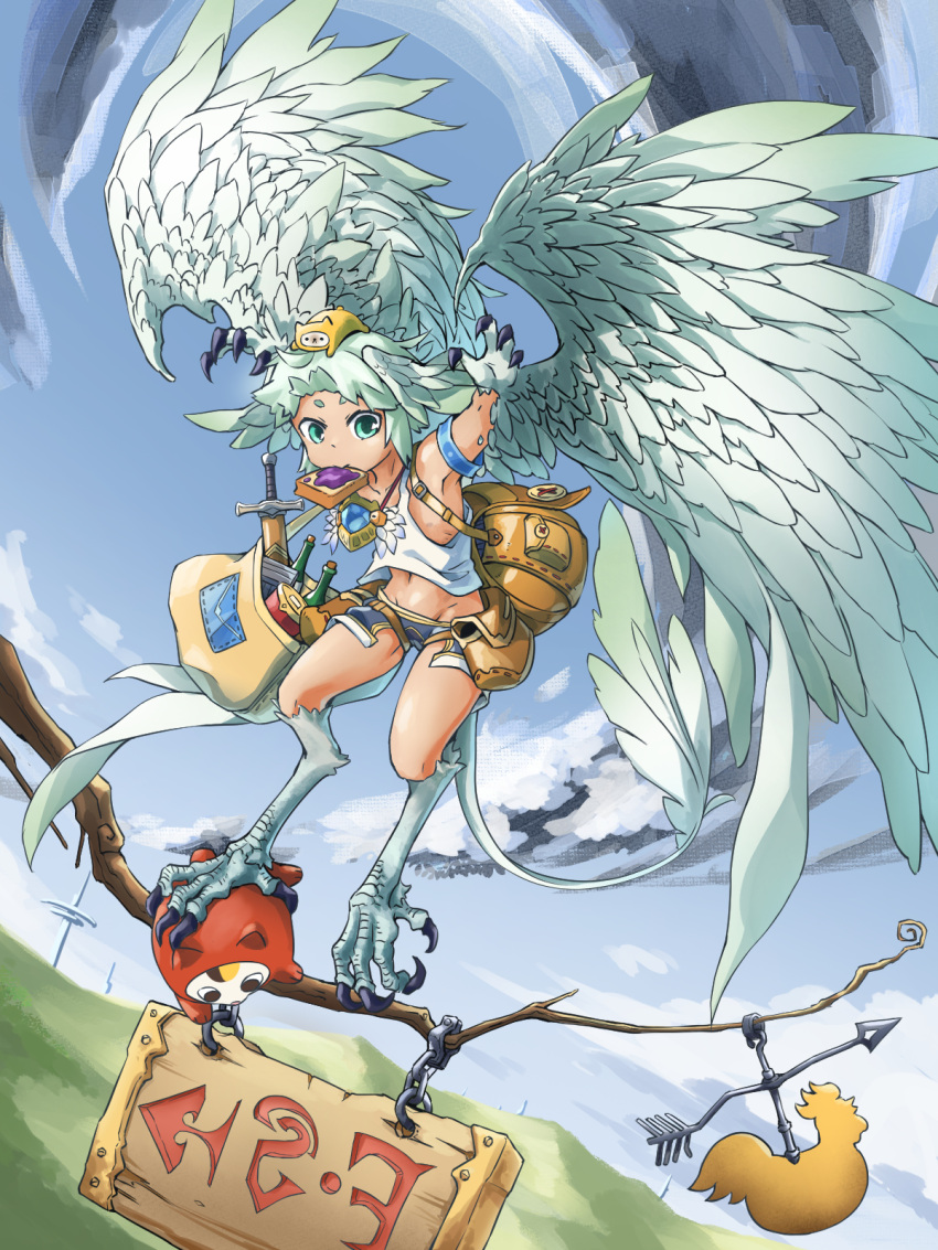 1girl animal animal_on_head bag bare_shoulders bird_legs bottle branch cat claws commentary_request digitigrade feathered_wings feathers flying food food_in_mouth foot_hold green_eyes green_feathers green_wings harpy head_wings highres midriff monster_girl mouth_hold navel on_head original satchel sheath sheathed short_hair short_shorts shorts sign solo sword tail_feathers talons tank_top toast toast_in_mouth weapon weather_vane white_tank_top winged_arms wings yingjian