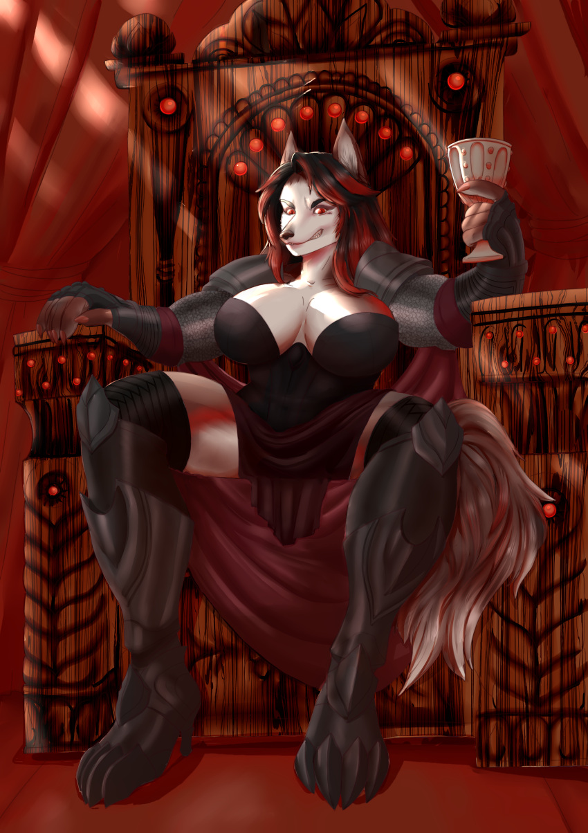 absurd_res anthro armor black_hair breasts bustier canid canine canis ceremonial chainmail chair claws clothing container corset cup curtains female footwear fur furniture goblet grey_body grey_fur grin hair hi_res high_heels leather lingerie mammal plate_armor rape_face ravenna_wildfire red_body red_eyes red_fur red_hair shanie_foxtrot smile solo tail teeth throne topwear white_body white_fur wolf wood