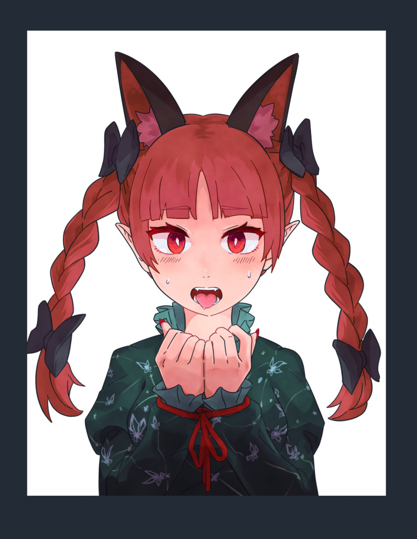 1girl animal_ear_fluff animal_ears black_bow blunt_bangs border bound bound_wrists bow braid breasts bright_pupils cat_ears commentary dress extra_ears fangs floral_print frills green_dress grey_border hair_bow hands_up highres juliet_sleeves kaenbyou_rin light_blush long_hair long_sleeves looking_at_viewer medium_breasts nail_polish nostrils open_mouth pointy_ears puffy_sleeves red_eyes red_hair red_nails red_ribbon ribbon simple_background slit_pupils solo straight-on sweat teeth tied_up_(nonsexual) tongue tongue_out touhou twin_braids upper_body white_background yan_pai