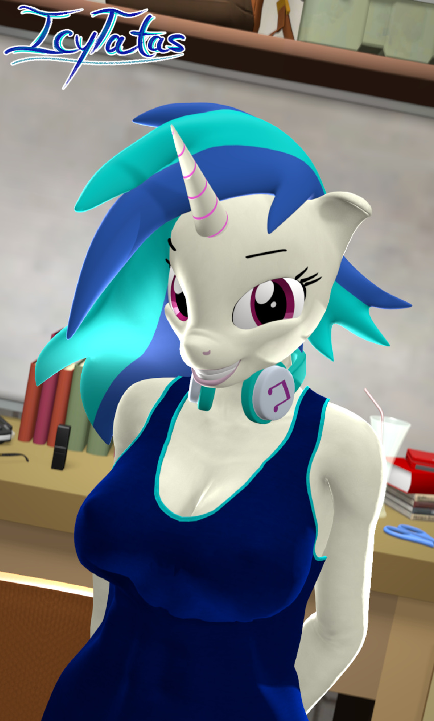 3d_(artwork) anthro backstage big_breasts big_hair bookshelf breasts cleavage clothed clothing desk digital_media_(artwork) dressing_room_(disambiguation) equid equine female friendship_is_magic furniture glass hair happy hasbro headphones headphones_around_neck hi_res horn horse icytatas mammal my_little_pony red_eyes scissors shirt smile solo source_filmmaker studio table tank_top topwear unicorn unicorn_horn vinyl_scratch_(mlp) wholesome