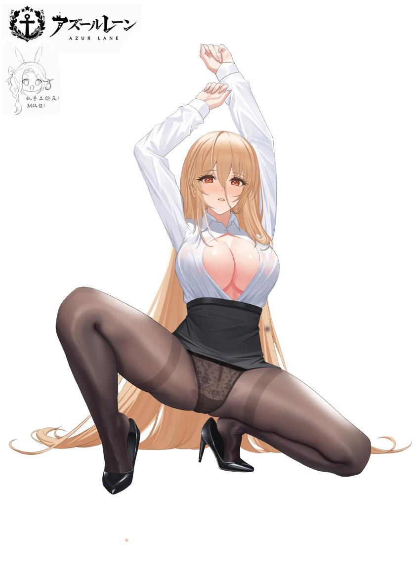 1girl absurdres arms_up azur_lane black_footwear black_panties black_pantyhose black_skirt blonde_hair blush breasts chinese_commentary cleavage clothes_lift collared_shirt copyright_name dress_shirt full_body hair_between_eyes high-waist_skirt high_heels highres implacable_(azur_lane) implacable_(shepherd_of_the_"lost")_(azur_lane) lace lace_panties large_breasts logo long_hair long_sleeves looking_at_viewer nanqizizhou no_bra official_alternate_costume open_clothes open_shirt panties panties_under_pantyhose pantyhose parted_lips pencil_skirt red_eyes shirt shirt_tucked_in simple_background skirt skirt_lift solo spread_legs squatting straight_hair thighband_pantyhose tiptoes underwear very_long_hair white_background white_shirt wing_collar