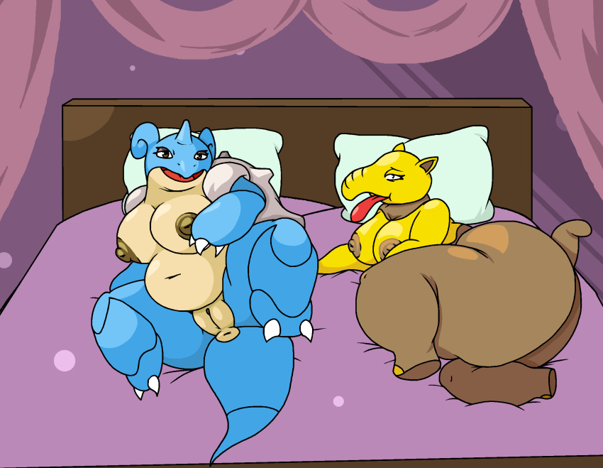 anthro anus bed belly big_breasts big_butt blue_body breasts brown_body brown_nipples butt claws drapes drowzee duo female front_view furniture generation_1_pokemon generation_4_pokemon genitals half-closed_eyes hi_res horn lapras lickilicky looking_at_viewer lying lying_on_bed narrowed_eyes navel nidoqueen nintendo nipples nude on_bed on_side open_mouth overweight overweight_anthro overweight_female pillow pokemon pokemon_(species) presenting proboscis_(anatomy) pussy reptile scalie shell somedutchweirdo spread_legs spreading tail thick_thighs tongue tongue_out trunk trunk_(anatomy) yellow_body