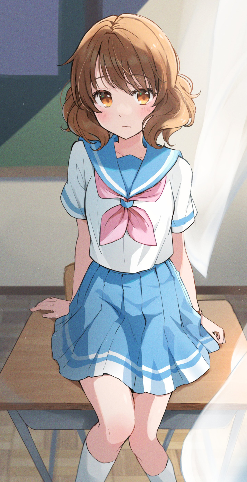 1girl absurdres arm_support blue_sailor_collar blue_skirt blush brown_eyes brown_hair classroom closed_mouth commentary curtains day desk feet_out_of_frame hibike!_euphonium highres indoors kitauji_high_school_uniform kneehighs looking_at_viewer neckerchief ogura_(sao_no) on_desk oumae_kumiko pink_neckerchief pleated_skirt sailor_collar school_desk school_uniform serafuku short_hair sitting sitting_on_desk skirt socks solo summer_uniform sunlight white_serafuku white_socks