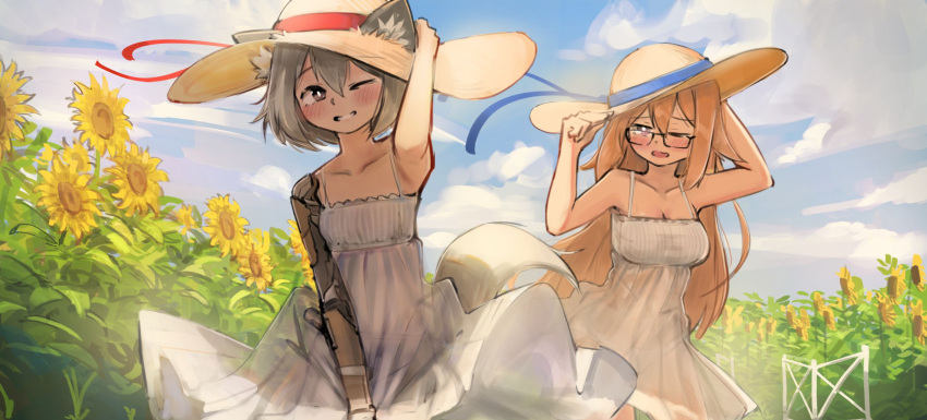 2girls animal_ear_fluff animal_ears bike_shorts blonde_hair blush breasts bright_pupils cleavage dress ears_through_headwear field flower flower_field glasses grey_eyes grey_hair hat highres holding holding_clothes holding_dress holding_hat jaana_kettu long_hair mechanical_arms multiple_girls one_eye_closed original panties see-through see-through_dress short_hair single_mechanical_arm standing sundress sunflower sunflower_field tail underwear wakaba-tan white_fence white_panties white_pupils wide_brim wind wind_lift wolf_ears wolf_tail xerbatt