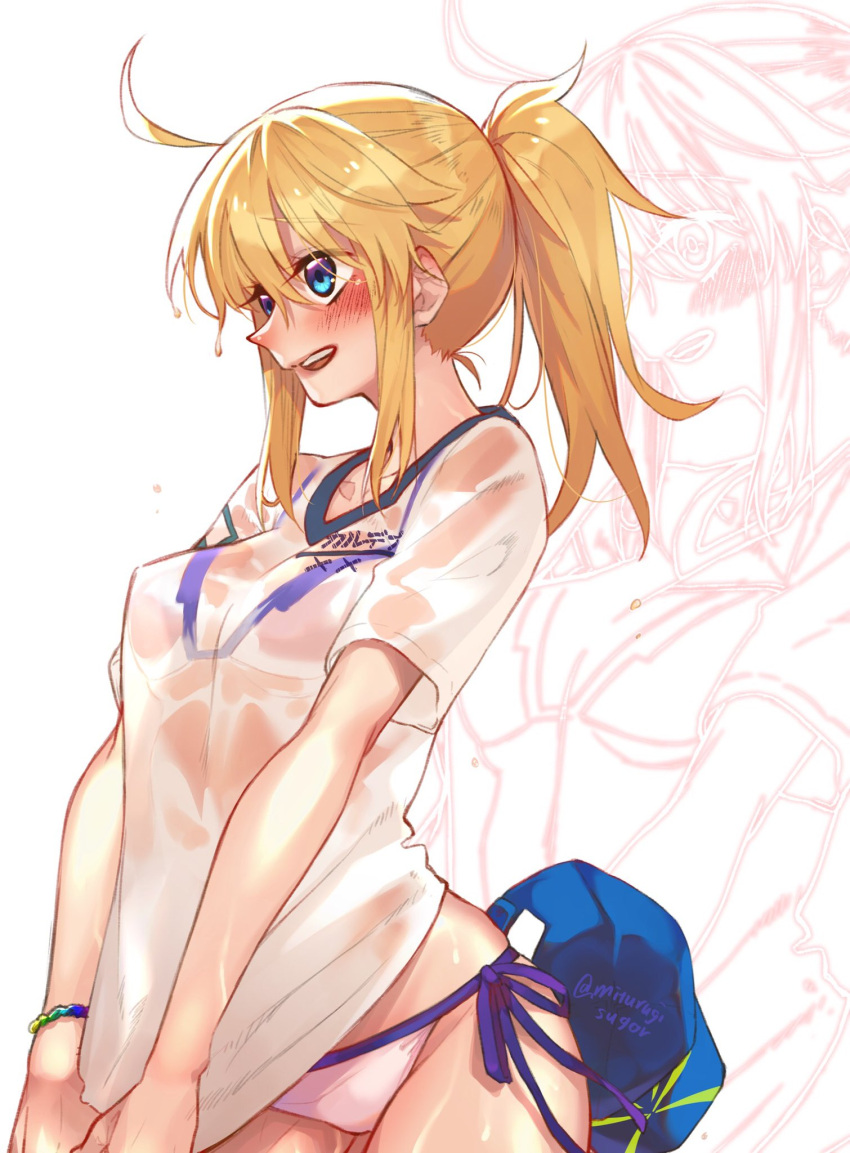 1girl ahoge artoria_pendragon_(fate) baseball_cap bikini bikini_under_clothes blonde_hair blue_eyes blue_headwear blush breasts cleavage collarbone fate/grand_order fate_(series) hair_between_eyes hat highres large_breasts long_hair mitsurugi_sugar mysterious_heroine_xx_(fate) open_mouth ponytail see-through see-through_cleavage shirt short_sleeves sidelocks smile solo swimsuit thighs unworn_hat unworn_headwear wet wet_clothes white_bikini white_shirt