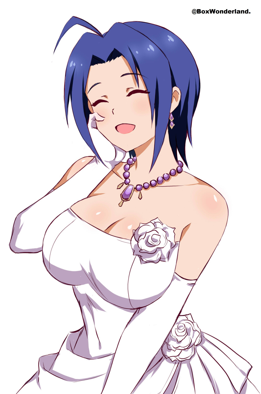 1girl absurdres ahoge ara_ara bare_shoulders blue_hair blush box_wonderland breasts cleavage closed_eyes collarbone commentary dress earrings elbow_gloves flower gloves hand_on_own_cheek hand_on_own_face hands_up highres idolmaster idolmaster_(classic) jewelry large_breasts miura_azusa necklace open_mouth pearl_necklace rose short_hair sidelocks smile solo strapless strapless_dress twitter_username upper_body wedding_dress white_background white_dress white_flower white_gloves white_rose