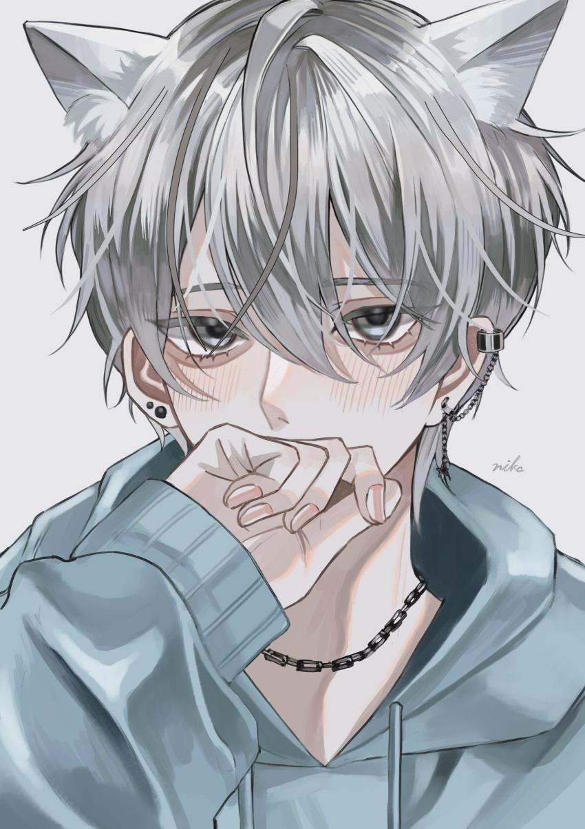 1boy animal_ears blue_hoodie blush cat_boy cat_ears chain_necklace commentary ear_piercing earrings fingernails grey_background grey_eyes grey_hair hair_between_eyes highres hood hoodie jewelry looking_at_viewer male_focus necklace original piercing portrait short_hair simple_background solo sosaku_25 symbol-only_commentary