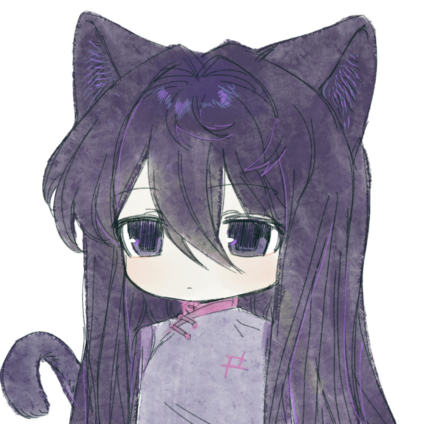 1girl animal_ears bingkuaihei black_eyes black_hair cat_ears cat_girl cat_tail chinese_clothes closed_mouth commentary_request expressionless hair_between_eyes hair_intakes haru_(len'en) highres kemonomimi_mode len'en long_hair no_nose portrait purple_shirt shirt simple_background solo tail white_background