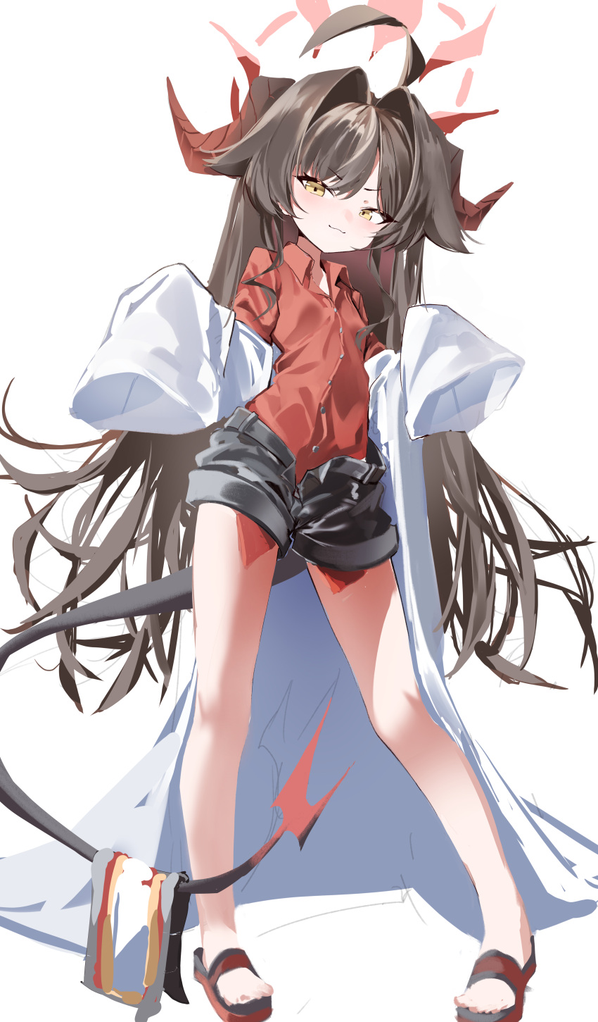 1girl absurdres ahoge black_hair black_horns black_shorts blue_archive closed_mouth coat collared_shirt demon_horns full_body hair_intakes halo highres horns kasumi_(blue_archive) lab_coat long_hair red_halo red_shirt shirt shirt_tucked_in shorts silday simple_background sleeves_past_fingers sleeves_past_wrists smile solo white_background white_coat