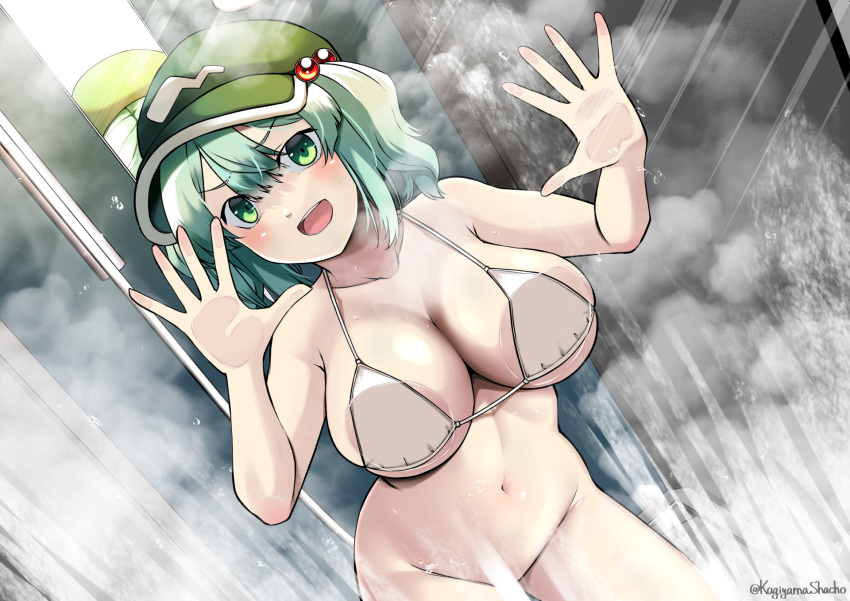1girl :d against_glass blue_eyes blue_hair blunt_bangs blush bottomless breast_press breasts breasts_on_glass commentary_request convenient_censoring cowboy_shot dutch_angle flat_cap green_headwear hair_bobbles hair_ornament hat highres kagiyama_shachou kawashiro_nitori large_breasts looking_at_viewer medium_hair navel open_mouth palms shower_(place) sidelocks smile solo sweat teeth touhou two_side_up upper_teeth_only