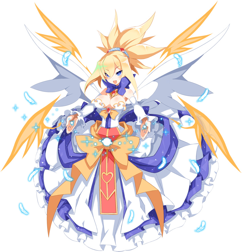 1girl bat_wings blonde_hair blue_eyes breasts bright_pupils cleavage demon_girl demon_wings detached_sleeves detached_wings disgaea disgaea_rpg dress feathers full_body hair_between_eyes highres jewelry large_breasts multiple_wings non-web_source official_art open_mouth photoshop_(medium) ring rozalin slit_pupils solo sparkle strapless strapless_dress transparent_background updo white_wings wings