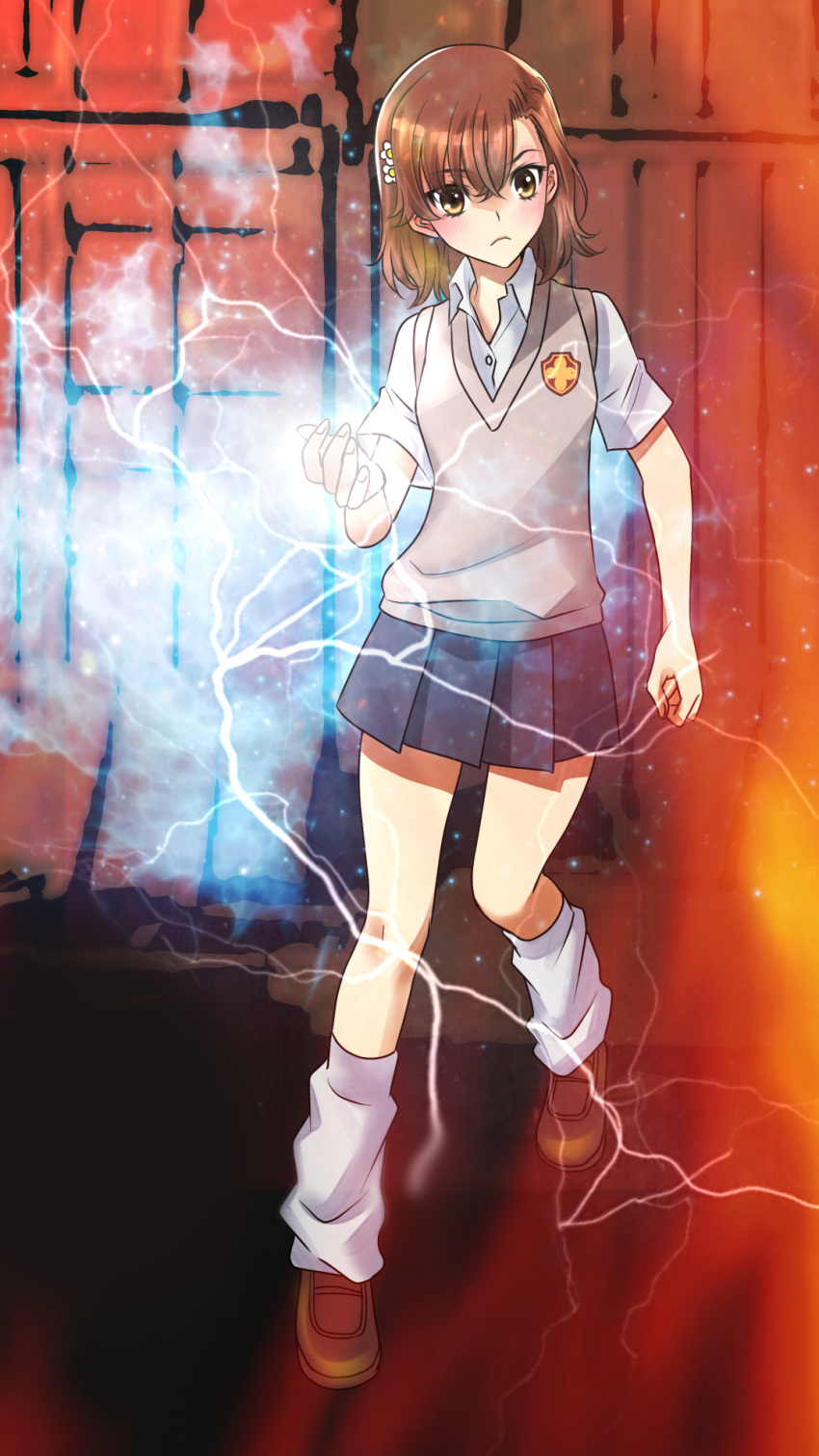 1girl brown_eyes brown_footwear brown_hair brown_sweater_vest brown_vest commentary_request electricity electrokinesis full_body grey_skirt highres loafers looking_to_the_side loose_socks misaka_mikoto pleated_skirt psychic school_uniform science_fiction shoes short_hair skirt socks solo standing summer_uniform sweater_vest tacchin_ichi-gou toaru_majutsu_no_index tokiwadai_school_uniform vest