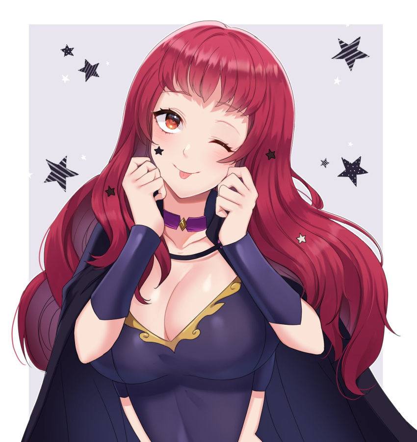 1girl ;p black_cape blush bodysuit border breasts cape choker cleavage clothing_cutout covered_navel facial_mark fire_emblem fire_emblem_engage hair_ornament highres large_breasts lilshironeko long_hair looking_at_viewer one_eye_closed red_eyes red_hair side_cutout simple_background smile solo star_(symbol) star_facial_mark star_hair_ornament tongue tongue_out upper_body white_border yunaka_(fire_emblem)