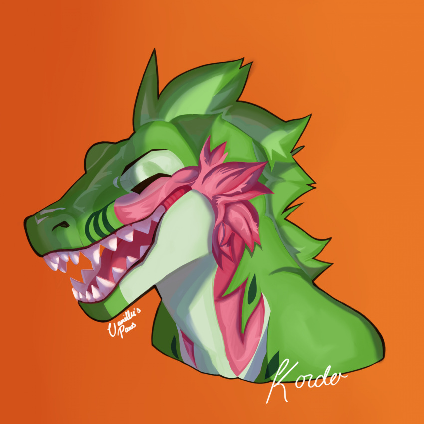 anthro bust_portrait cheek_tuft countershading dinosaur dromaeosaurid eyes_closed facial_tuft feathered_dinosaur feathers fluff_paws green_body green_feathers green_markings head_tuft hi_res kordo male markings nude open_mouth open_smile orange_background pink_body pink_feathers portrait reptile scalie simple_background smile solo teeth theropod tongue tuft velociraptor