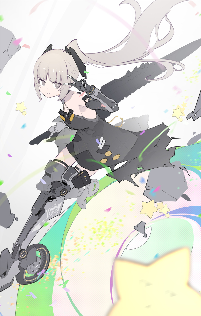 1girl absurdres bare_shoulders black_dress closed_mouth dee_(fire2332) dress grey_dress grey_eyes grey_hair headgear highres holding holding_sword holding_weapon huge_weapon joints long_hair mechanical_arms mechanical_foot mechanical_legs nanami:_pulse_(punishing:_gray_raven) nanami_(punishing:_gray_raven) ponytail punishing:_gray_raven robot_joints sidelocks skates solo star_(symbol) sword v very_long_hair weapon