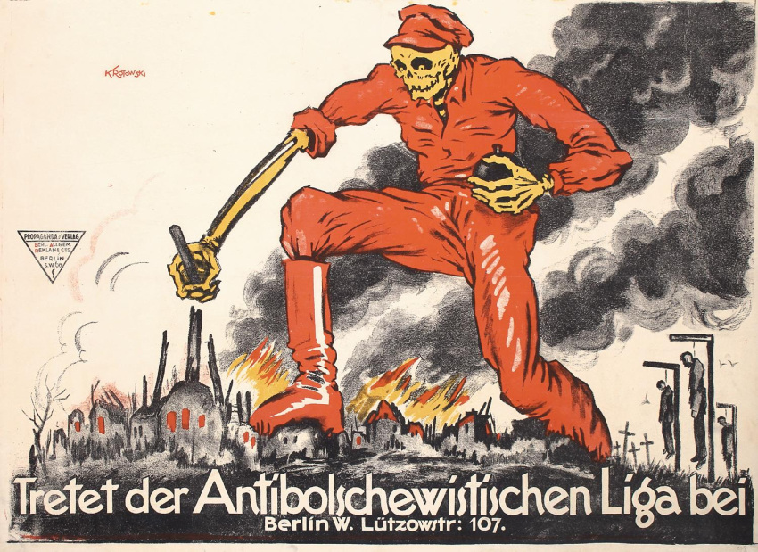 4others ambiguous_gender anti-bolshevist_league artist_name asymmetrical_sleeves bare_tree black_pants bomb building burning burning_building cabbie_hat collared_shirt colored_text_highlight communism company_name corpse cross death destruction explosive fire from_side full_body gallows german_text giant grass hanged hat holding holding_bomb holding_weapon latin_cross limited_palette long_sleeves looking_down mismatched_sleeves multiple_others noose other_focus outdoors pants pants_tucked_in politics poster_(medium) propaganda red_footwear red_headwear red_pants red_shirt rope ruins scan shirt simple_bird size_difference skeleton skull sleeves_rolled_up smoke solo_focus stamp_mark stephan_krotowski street_address teeth third-party_source traditional_media translated tree triangle walking weapon white_background