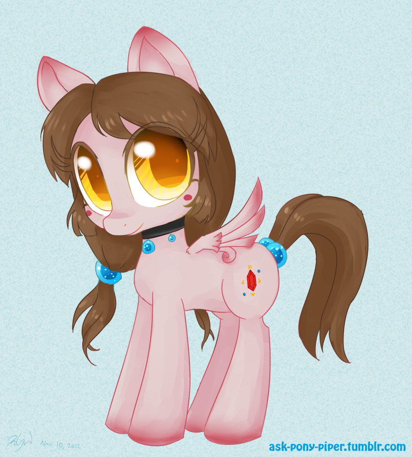 2012 accessory amber_eyes brown_hair closed_smile cutie_mark dated equid equine eviepixels eyelashes eyelashes_through_hair female feral full-length_portrait hair hair_accessory hasbro hi_res horse huge_eyes looking_at_viewer mammal mouth_closed my_little_pony neckwear pegasus pink_body piper_(eviepixels) pony ponytail portrait quadruped shaded side_view smile solo standing text translucent translucent_hair url wings