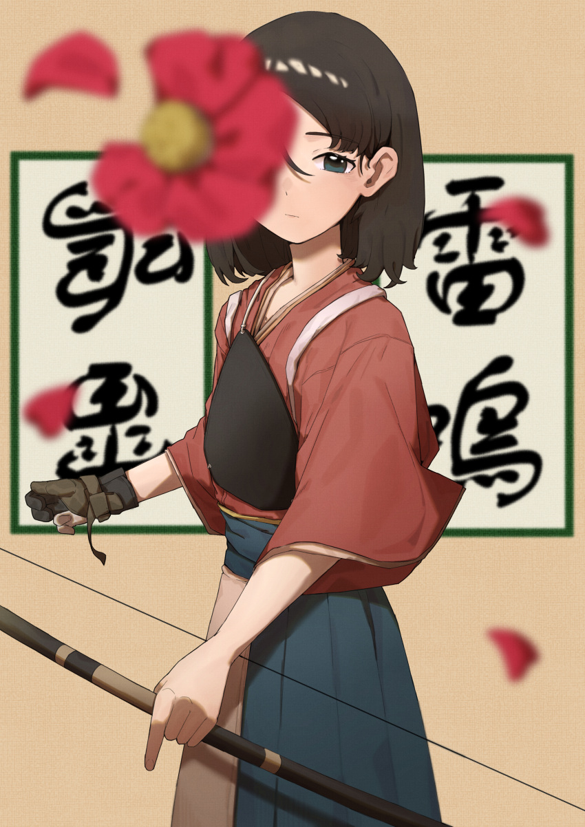 1girl absurdres archery blue_eyes blue_hakama blurry blurry_foreground bow_(weapon) brown_background calligraphy closed_mouth commentary_request cowboy_shot english_commentary expressionless falling_petals flower flower_over_eye flower_request from_side gloves hair_behind_ear hakama half-closed_eyes highres holding holding_bow_(weapon) holding_weapon japanese_clothes kimono kyuudou looking_at_viewer looking_to_the_side mani_mani_(vocaloid) medium_hair mixed-language_commentary muneate namae_kunn one_eye_covered partially_fingerless_gloves petals red_flower red_kimono solo tasuki translation_request weapon yugake yumi_(bow)