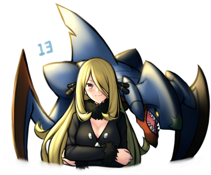 blonde_hair breasts cleavage closed_mouth crossed_arms cynthia_(pokemon) fur_trim garchomp hair_over_one_eye highres long_hair long_sleeves looking_at_viewer mega_garchomp mega_pokemon pinguinkotak pokemon pokemon_(creature) pokemon_(game) pokemon_dppt smile upper_body white_background