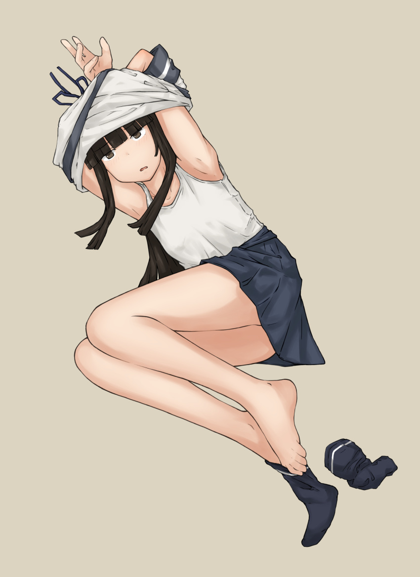 1girl armpits arms_up bare_legs barefoot between_toes black_skirt black_socks blunt_bangs blunt_ends breasts brown_eyes brown_hair chagamaka collarbone commentary_request feet full_body hatsuyuki_(kancolle) highres hime_cut kantai_collection legs legs_together light_brown_background long_hair looking_at_viewer lying neck_ribbon on_side open_mouth pleated_skirt removing_sock ribbon shirt sidelocks single_barefoot skirt small_breasts socks socks_removed solo tank_top thighs toes undressing white_shirt white_tank_top