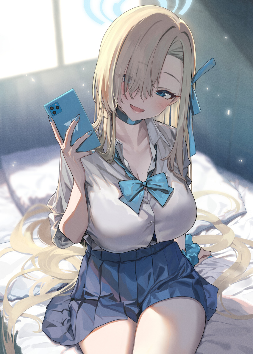 1girl absurdres asuna_(blue_archive) baffu bed bedroom blue_archive blue_bow blue_bowtie blue_choker blue_eyes blue_skirt bow bowtie breasts cellphone choker collared_shirt dress_shirt hair_over_one_eye halo highres holding holding_phone indoors large_breasts long_hair looking_at_viewer open_mouth phone pillow pleated_skirt shirt sitting skirt smartphone smile solo white_shirt