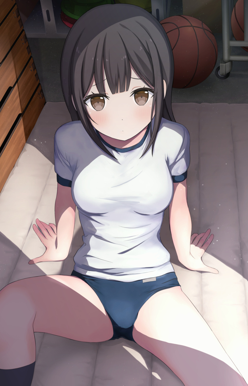 1girl basketball_(object) blush breasts brown_eyes brown_hair buruma closed_mouth dappled_sunlight echiru39 gym_storeroom gym_uniform hands_on_floor highres leaning_back long_hair looking_at_viewer medium_breasts on_floor original shadow sitting sunlight